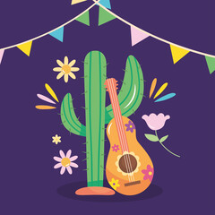 Fototapeta na wymiar Mexico independence day design with cactus and mexican guitar