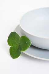 studio shot of tableware with leaf on white background