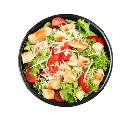 Delicious fresh salad in plastic container on white background, top view