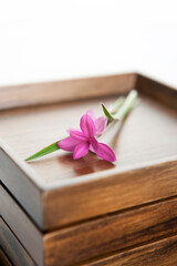 flower on wooden tray