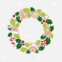 Christmas wreath with holly and gingerbread  - colorful