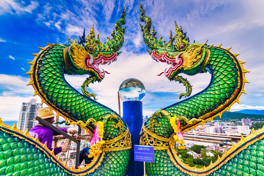 Chon Buri, Thailand - September, 13, 2020 : Naga or serpent statue in Wat khao phra kru temple, Chonburi thailand, The belief of Buddhism, Thai temple