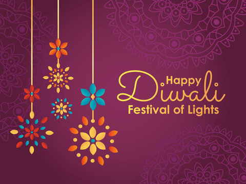 Happy diwali design with decorative rangolis hanging, colorful design