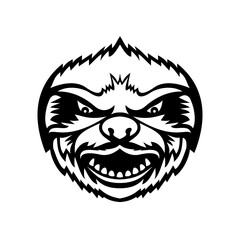 Head of Angry Sloth Front View Mascot Retro Black and White