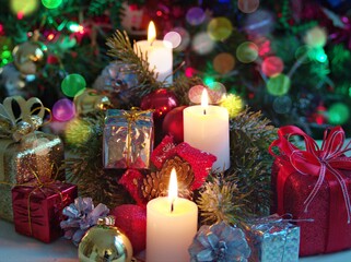 Merry christmas background tree with gifts and decorations for happy new year ,gift box, balls ,snow man, candle for celebration and card design