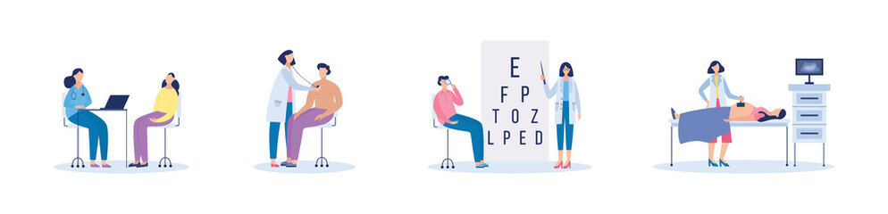 Healthcare medical examination with people, flat vector illustration isolated. - obrazy, fototapety, plakaty