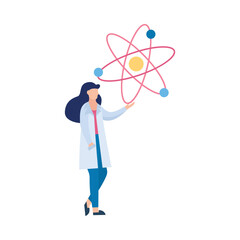 Woman scientist or doctor pointing on molecule flat vector illustration isolated.