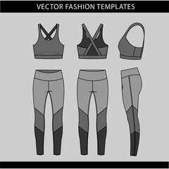 sports wear fashion  flat sketch template, fitness out fit front and back view