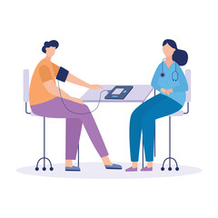 Doctor measuring patient blood pressure, flat vector illustration isolated