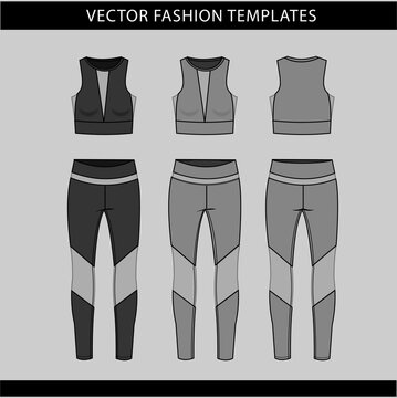 sports wear fashion  flat sketch template, fitness out fit front and back view