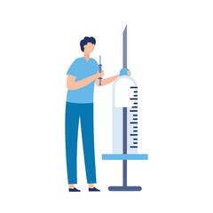 Tiny man doctor in uniform with huge syringe flat vector illustration isolated.