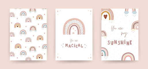 Trendy rainbows in boho style in pastel color. Set of different posters. Children illustrations for post card. Doodle art elements. Modern vector illustration. © KeronnArt
