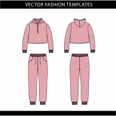 crop top sweatshirt and Sweat pants fashion flat sketch template, jogging outfit front and back, sport wear outfit