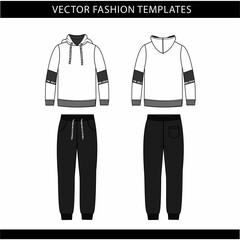 hoodie and Sweat pants fashion flat sketch template, jogging outfit front and back, sport wear outfit 