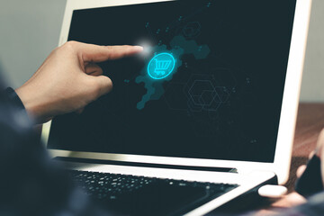 Young man shopping online at the home in free time, business and modern lifestyle concept.