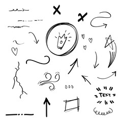 hand drawn set of abstract comic doodle elements. with star, swirl, swoosh, crown, wind, arrow, text emphasis. isolated on white background. vector illustration