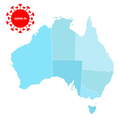 Vector illustration of coronavirus in Australia. Australia map with covid-19. Australian map with coronavirus symbol for banner, web, icon, print, infographics design.