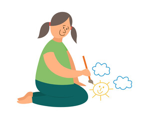 Child girl drawing with colors and brush, flat vector illustration isolated.