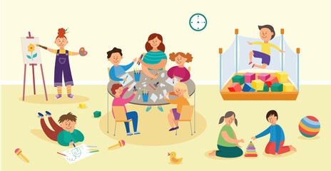 Kindergarten or school children creative development flat vector illustration.