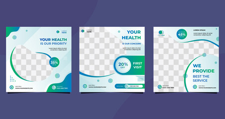 Collection of Medical health care social media post template for hospital and clinic. with green and white background