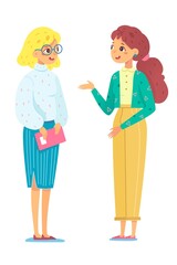 Teachers talking isolated illustration. Happy women standing together and talking during break, smiling. Education vector illustration. Female friendship