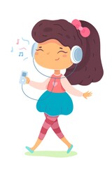 Girl listening to music. Sense of hearing vector illustration. Small happy child in headphones walking in street, holding player in hand. Joyful cute smiling kid at childhood