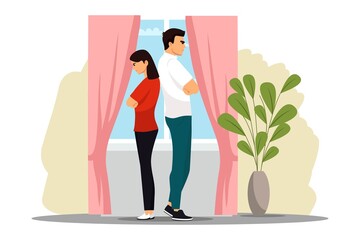 Angry offended people in family conflict. Woman and man suffering in silence, standing and not talking, tension, conversation problem. Unhappy marriage vector illustration. Domestic quarrels