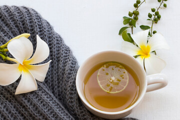 herbal healthy drinks hot honey lemon health care for cough sore with knitting wool scarf of...
