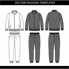 jacket and Sweat pants fashion flat sketch template, jogging outfit front and back, sport wear outfit 
