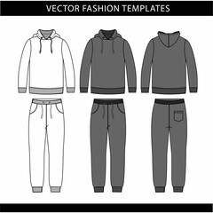 hoodie and Sweat pants fashion flat sketch template, jogging outfit front and back, sport wear outfit 