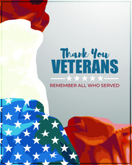 Veterans day banner, remember all who served, veterans day vector illustration poster with usa flag, thank you veterans.