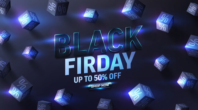Special offer Black friday Sale Poster with 3d black cubes of percents on dark background for Retail,Shopping or Promotion in black style.Vector illustration EPS10