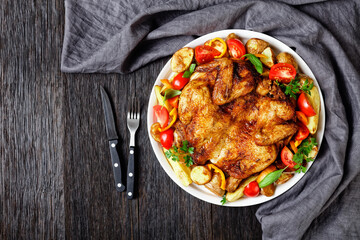 roast chicken served with vegetables on a platter