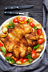 roast chicken served with vegetables on a platter
