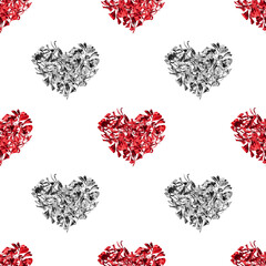 Seamless pattern red & silver hearts made of flower petals white background isolated, heart shape floral repeating ornament, valentines day wallpaper, love print, romantic holiday decoration, backdrop