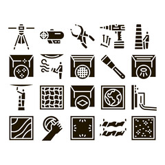 Fototapeta premium Stretch Ceiling Tile Glyph Set Vector. Ceiling Material And Photo Layer, Laser And Heating Equipment, Screwdriver And Ladder Glyph Pictograms Black Illustrations