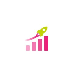Green Rocket ship with pink fire and graduated pink growth diagram. Isolated on white.