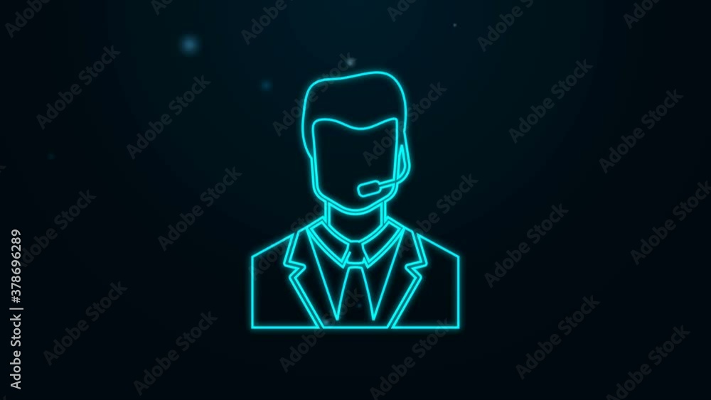 Poster glowing neon line man with a headset icon isolated on black background. support operator in touch. c
