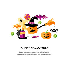 Happy Halloween card. Flat style vector illustration. Great for party invitation, flyer, greeting card, print.