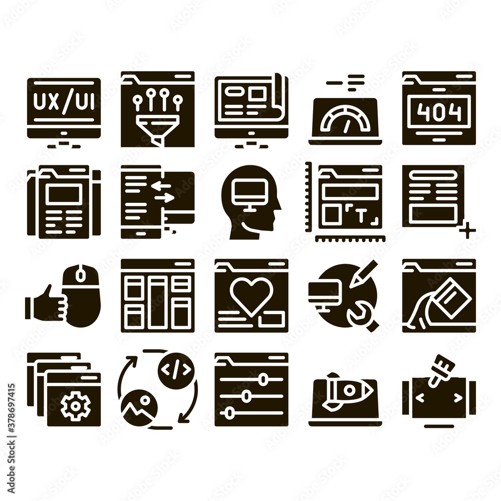 Aufkleber web design development glyph set vector. creative web design studio tool and settings, error message