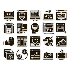 Web Design Development Glyph Set Vector. Creative Web Design Studio Tool And Settings, Error Message And Filtering Data Glyph Pictograms Black Illustrations