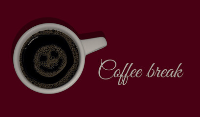 White cup of coffee with foam, where a face with a smile is formed from bubbles.