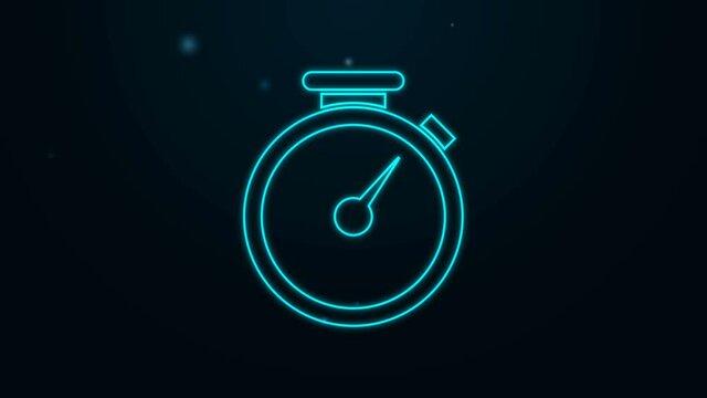 Glowing neon line Stopwatch icon isolated on black background. Time timer sign. 4K Video motion graphic animation.