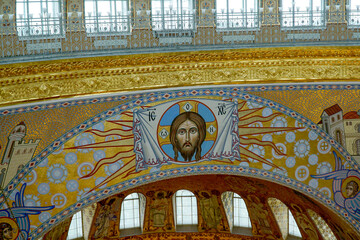             Kronstadt, Russian Federation, August, 01, 2019. The face of Jesus Christ in the murals of the Naval Cathedral of St. Nicholas the Wonderworker in Kronstadt.