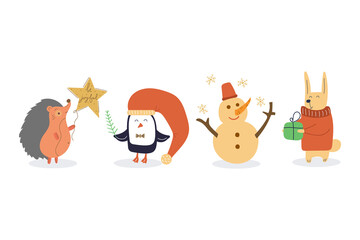 Hand drawn set of winter animals. Hedgehog with ballon, penguin, snowman, bunny with gift box. Flat illustration for greeting card.  