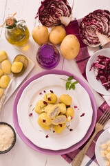 Potato gnocchi stuffed with radicchio and ricotta.