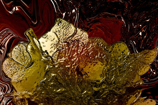 Adorno floral en tonos verdes, amarillos y dorados sobre un fondo abstracto en color marrón oscuro. Efecto metalizado.