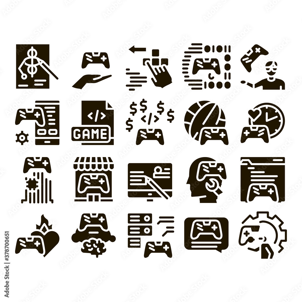 Poster video game development glyph set vector. game development, coding and design, developing phone app a