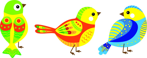 Vector set of stylized birds. A collection of cartoon birds. Artistic illustration. Graphic decoration art.