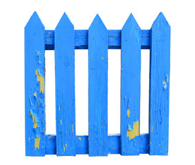 The photo shows a small wooden fence with exfoliated blue paint. Photo taken isolated on white background.